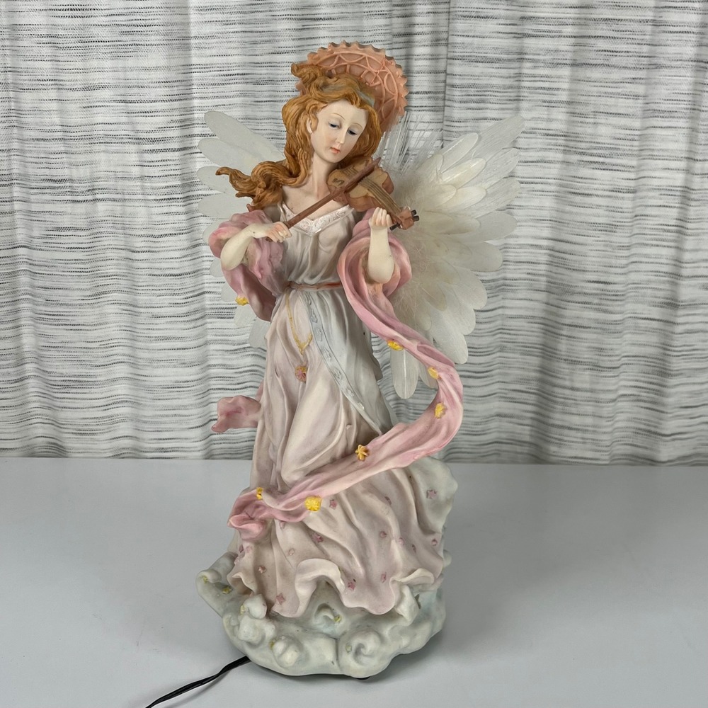 VTG Fiber Optic Angel Figurine Playing Violin Pink White Celestial Decor READ